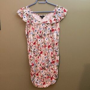 Stork & babe pink floral long tank with frilly top trim.